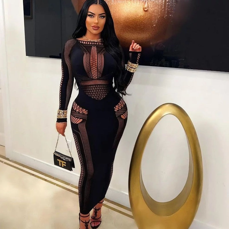 Mesh Cutout Long Sleeve Bodycon Dress