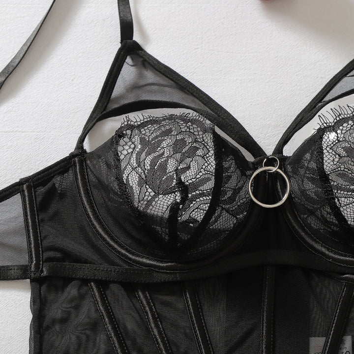 Sheer Lace Corset Teddy with Stockings
