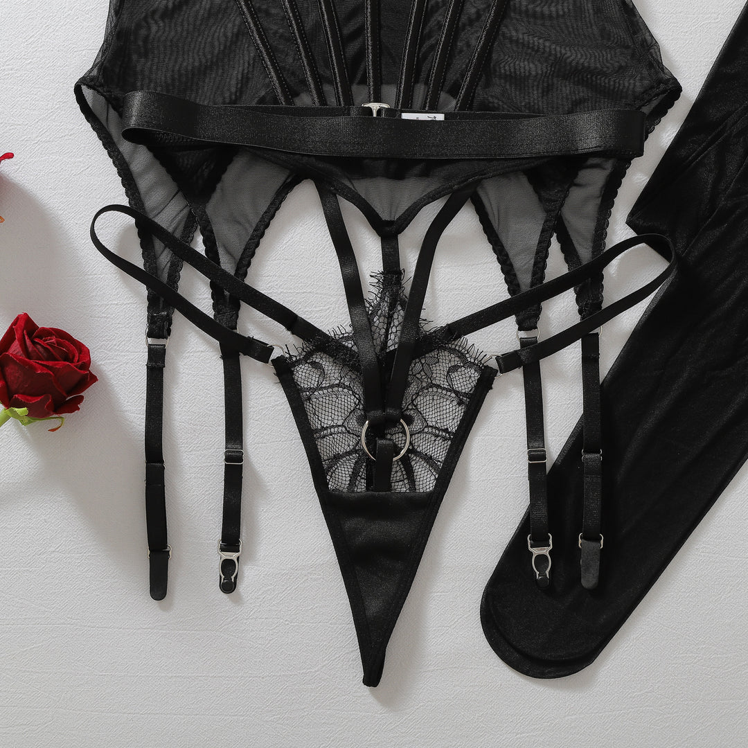 Sheer Lace Corset Teddy with Stockings