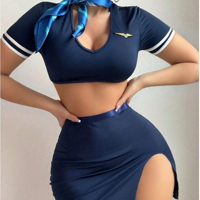 Sexy Flight Attendant Crop Top & High-Slit Skirt Set
