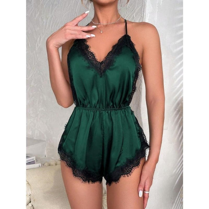Satin Lace-Trim Romper