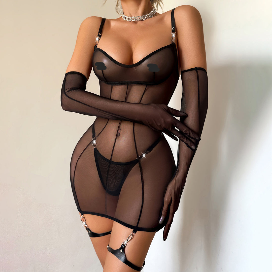 Sheer Mesh Corset Mini Bodysuit with Garter