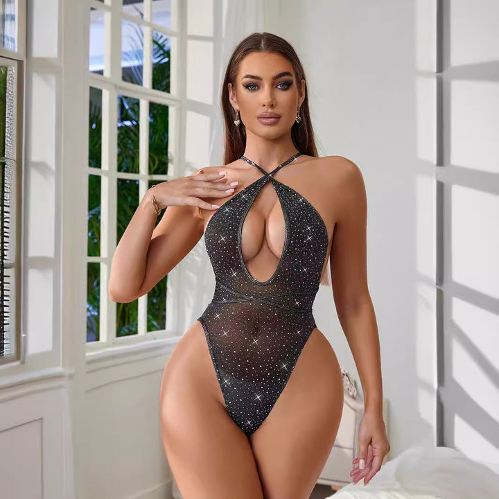 Glitter Starry Mesh Halter Bodysuit