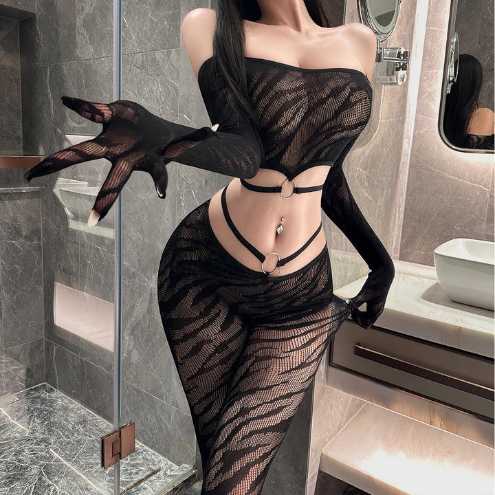 Zebra Stripe O-Ring Fishnet Bodystocking