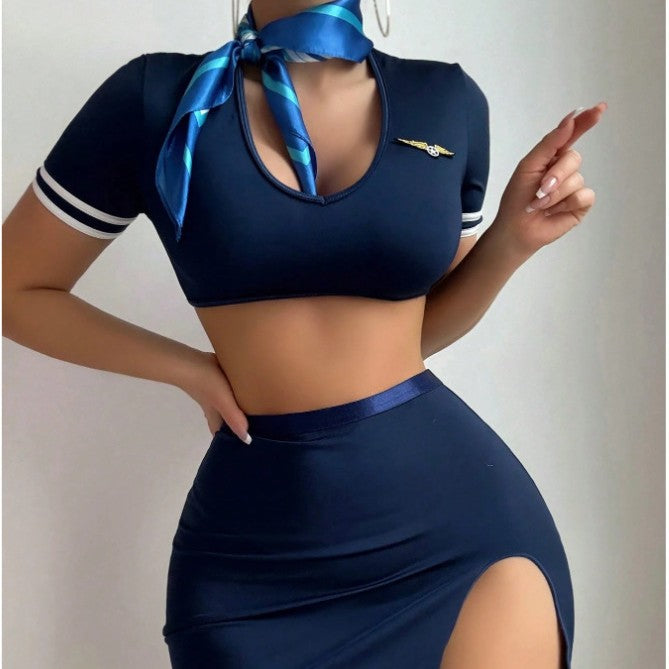 Sexy Flight Attendant Crop Top & High-Slit Skirt Set