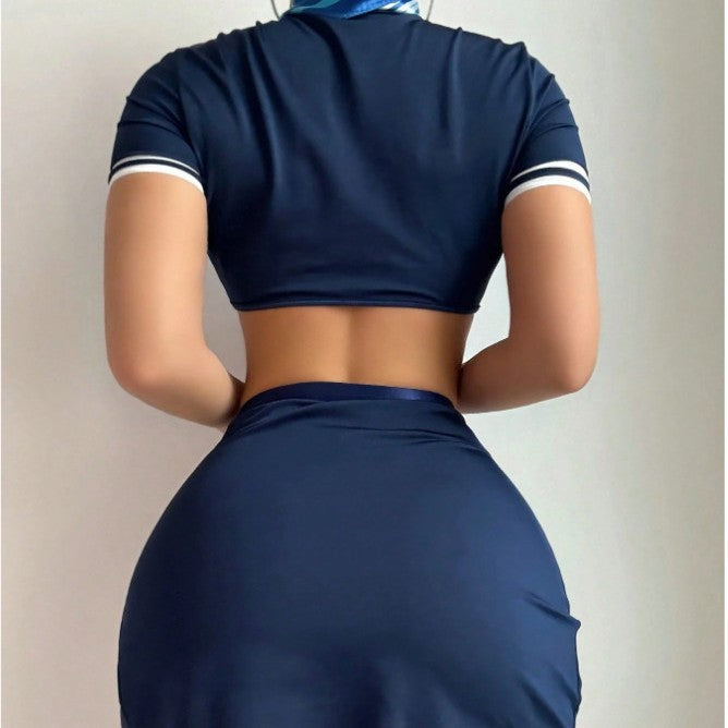 Sexy Flight Attendant Crop Top & High-Slit Skirt Set