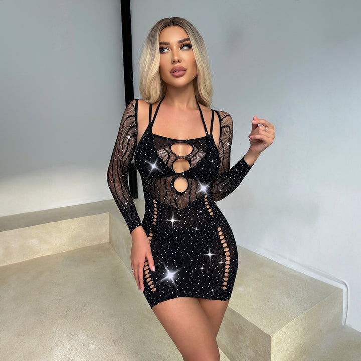 Rhinestone Cold-Shoulder Fishnet Mini Dress