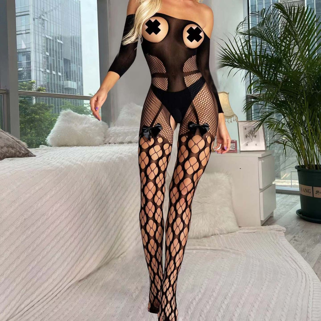 Off-Shoulder Mixed Hole Fishnet Crotchless Bodystocking
