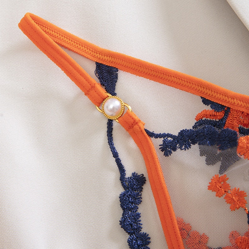 Vibrant Floral Embroidered Sheer Bra & Pearl Thong Set