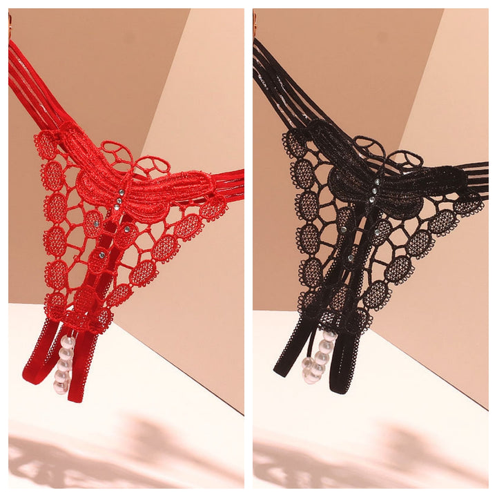 Pearl String Butterfly Crotchless Lace Thong