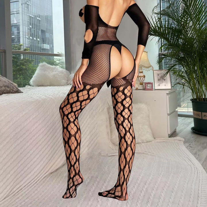 Off-Shoulder Mixed Hole Fishnet Crotchless Bodystocking