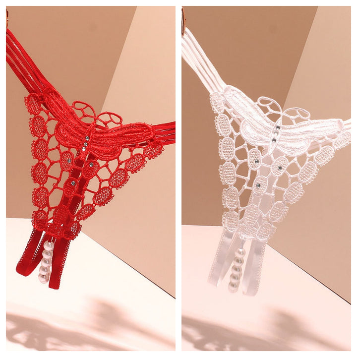 Pearl String Butterfly Crotchless Lace Thong