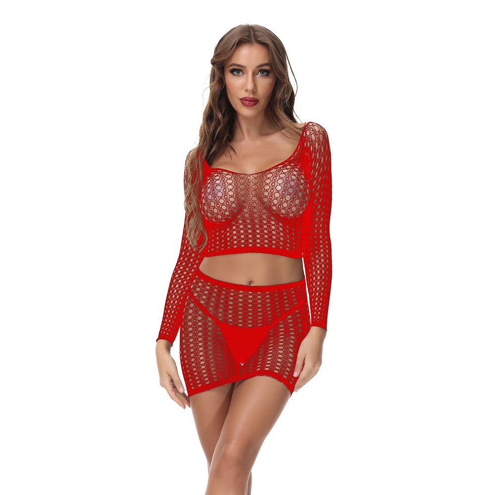 Fishnet Long-Sleeve Crop Top & Mini Skirt Set