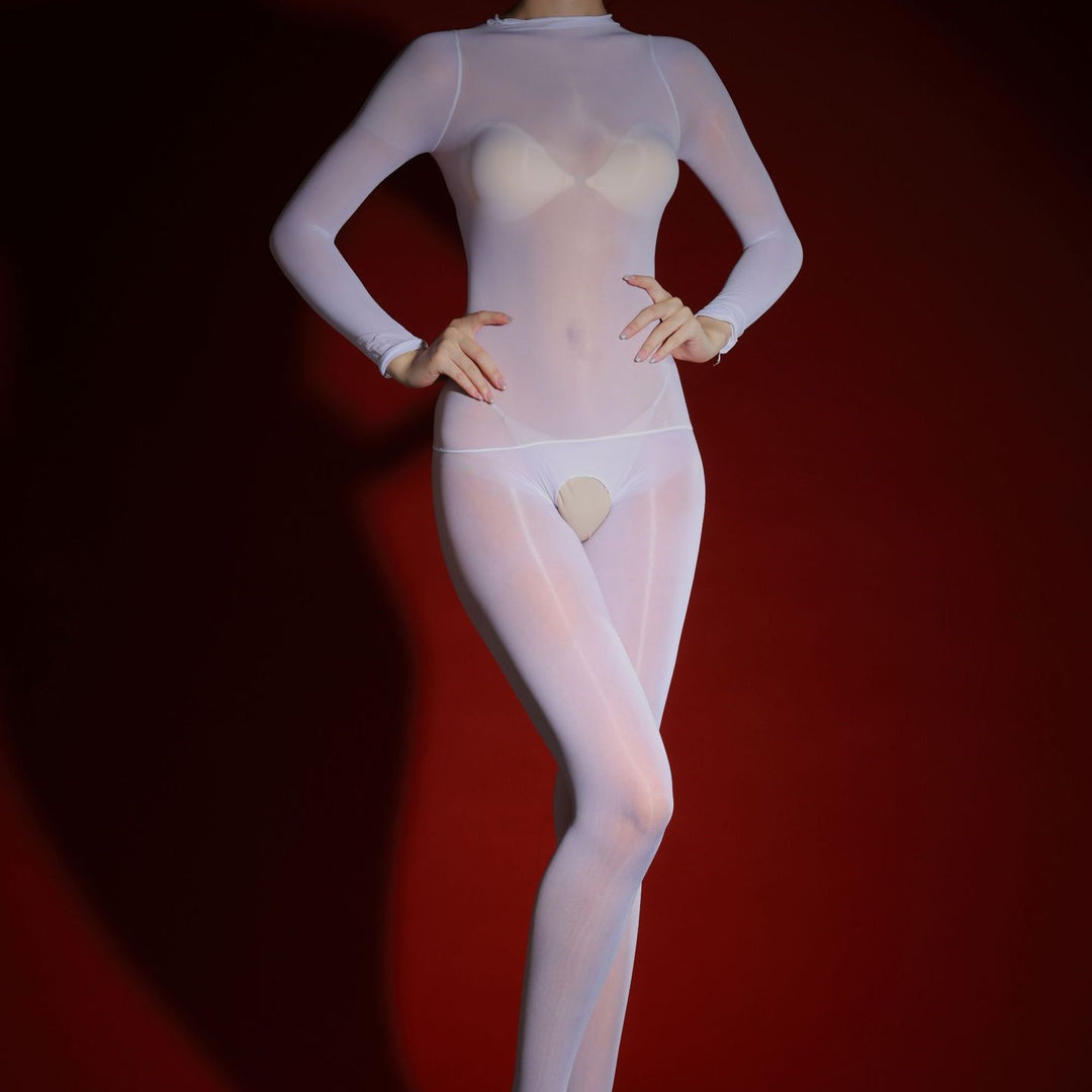 Glossy Open-Crotch Oil Shine Bodystocking with Gloves