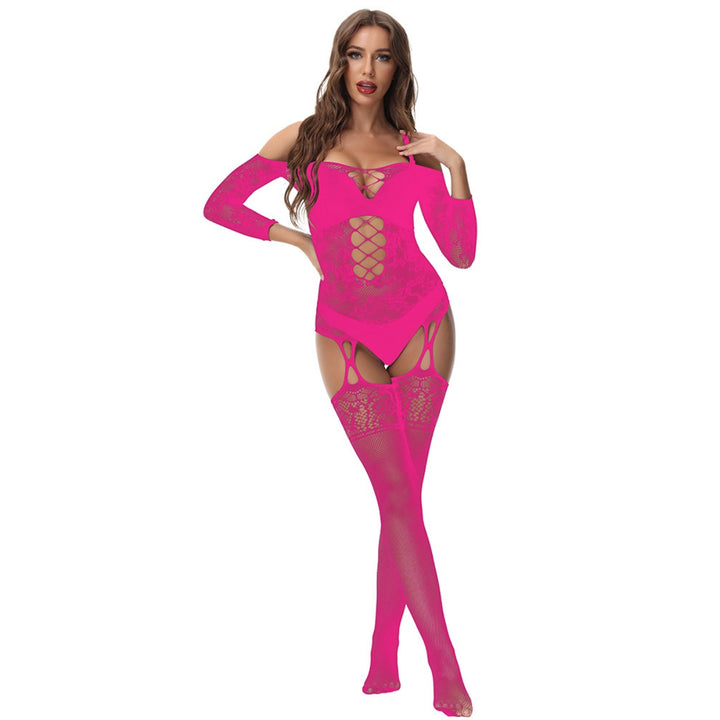 Hollow Mesh Off-Shoulder Bodystocking Set