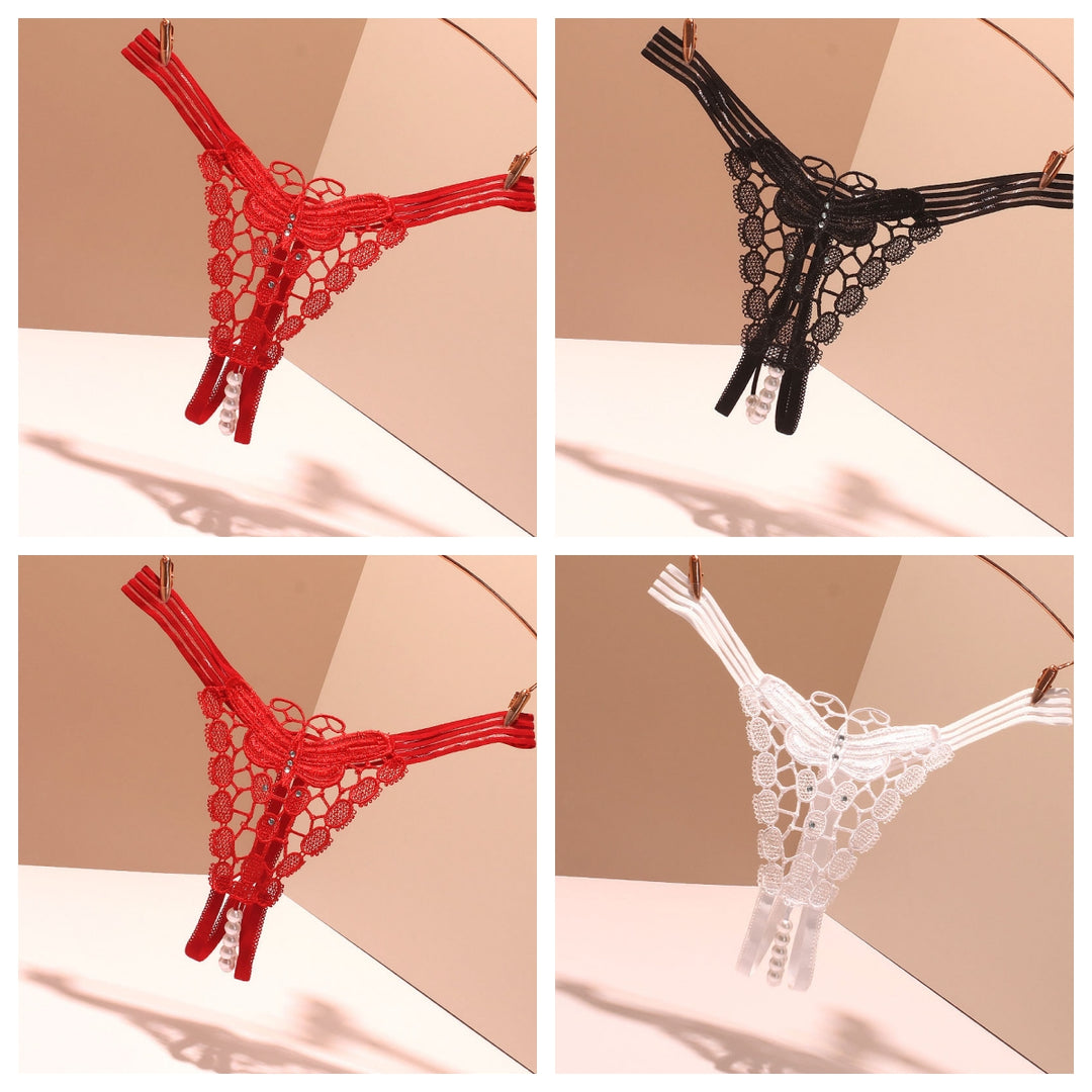 Pearl String Butterfly Crotchless Lace Thong