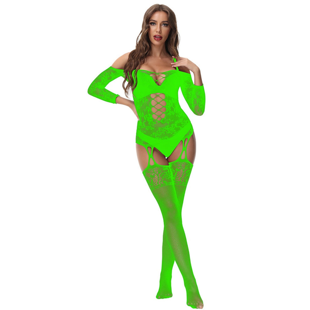 Hollow Mesh Off-Shoulder Bodystocking Set