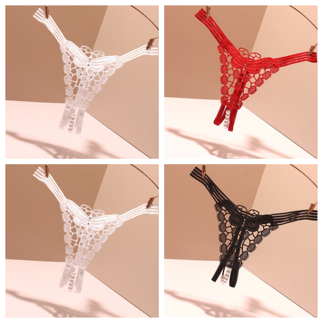 Pearl String Butterfly Crotchless Lace Thong