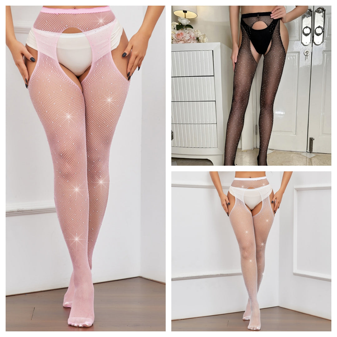 Sparkling Rhinestone Crotchless Fishnet Stockings