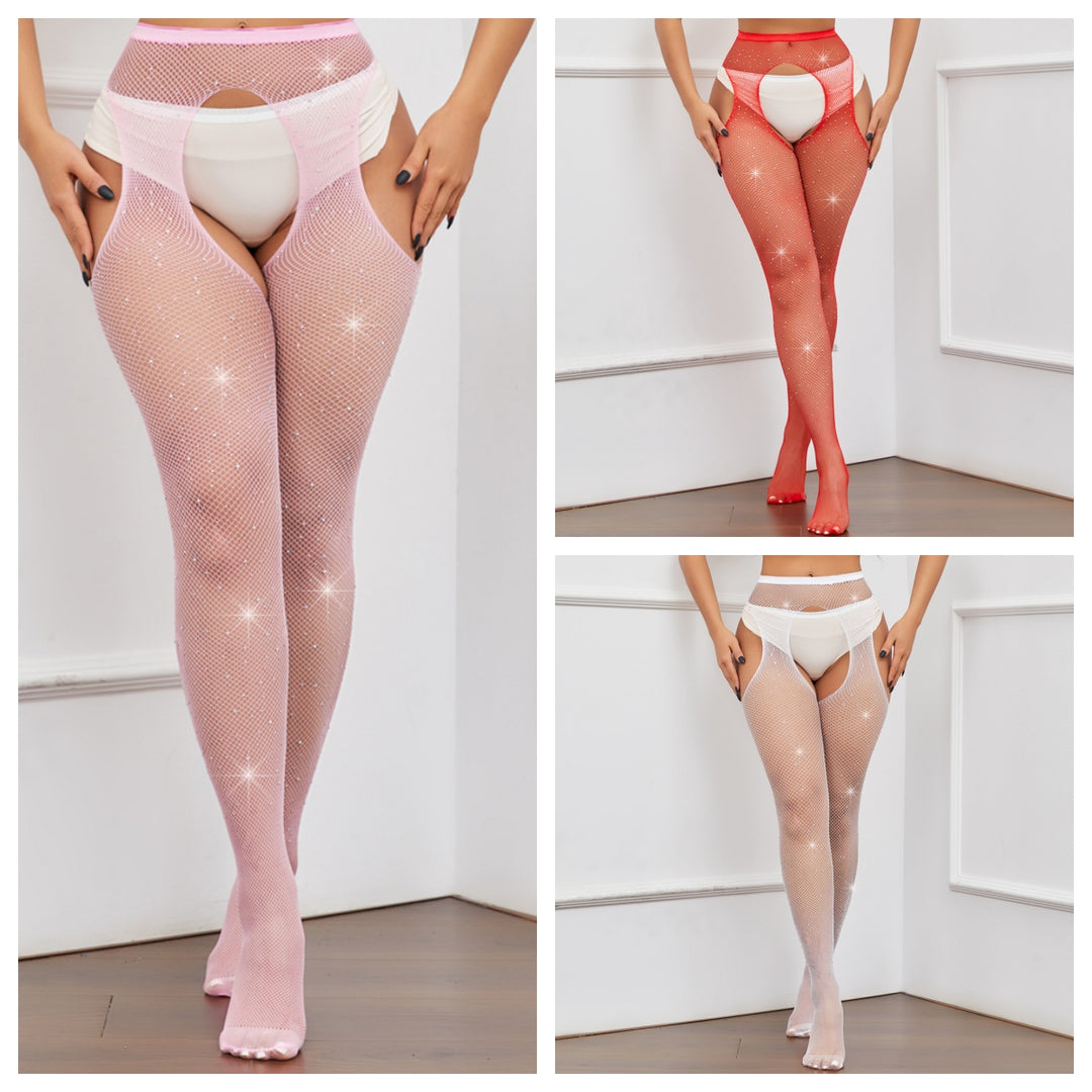 Sparkling Rhinestone Crotchless Fishnet Stockings