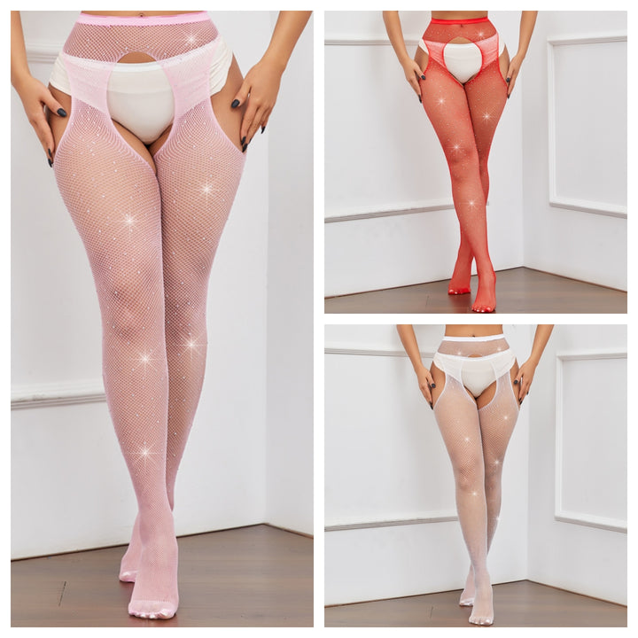 Sparkling Rhinestone Crotchless Fishnet Stockings