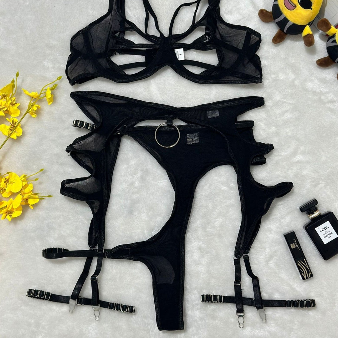 Vibrant Yellow Butterfly Cutout Sheer Lingerie Set