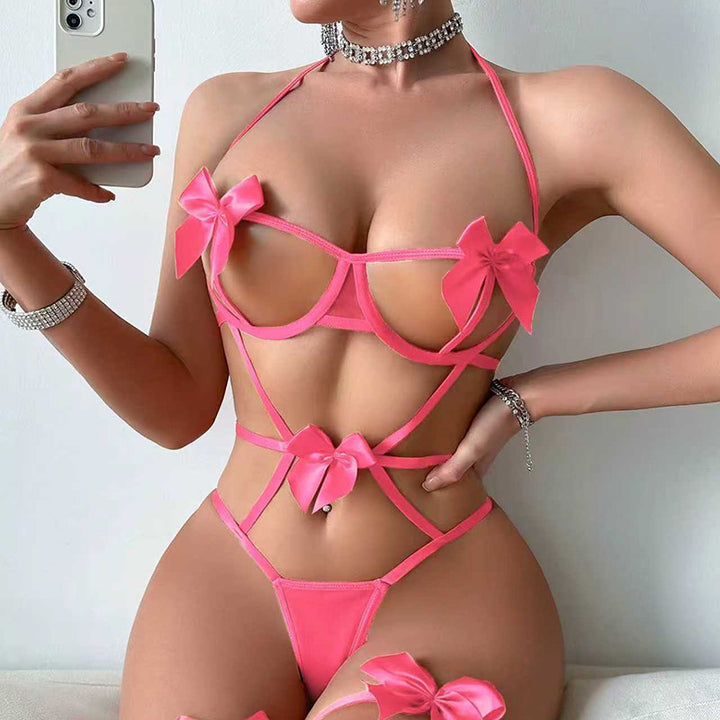 Satin Bow Strappy Open-Cup Harness Set